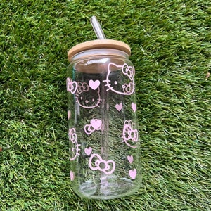 Iced Coffee Glass With Lid Kawaii Cat Hearts Kitty Beer Can Glass Kawaii  Glass Can With Lid and Straw Cute Coffee Cup Gift for Her 