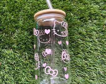 Hello Kitty Valentine’s Clear Glass Cup New 16 Oz Glass Straw And Bamboo Lid