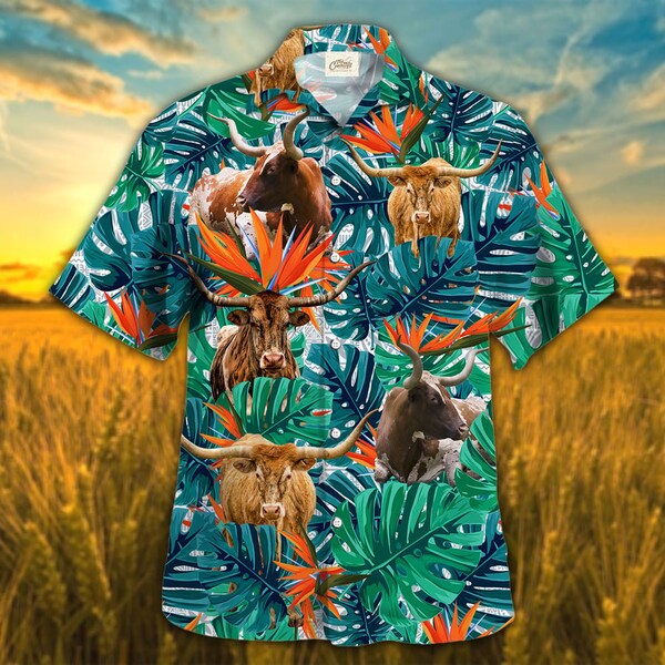 Wild Steer: Fiery Longhorn Performance Hawaiian Shirt