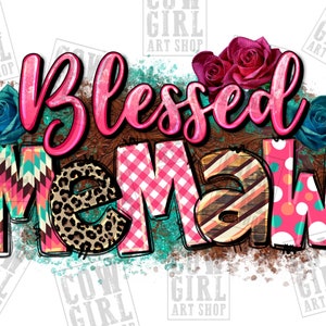 May include: A colorful graphic design with the text "Blessed Memaw" in pink letters. The letters are decorated with various patterns, including plaid, polka dots, and animal print. The design is surrounded by flowers and a rustic wood background.