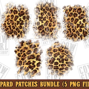 May include: Five digital leopard print patches with a distressed, vintage look. The patches are in shades of brown, gold, and white.