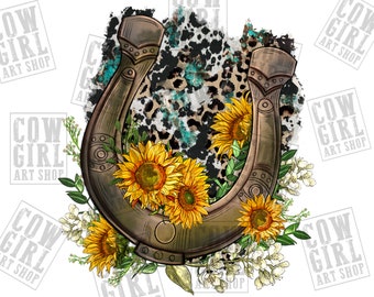 Horseshoe cowhide png sublimation design download, western horseshoe png, sunflowers horseshoe png, sublimate designs download