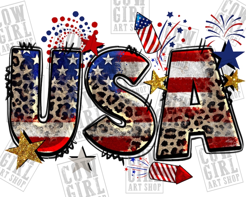 May include: USA graphic with red, white, and blue stars and stripes, with a leopard print overlay. The letters are outlined in black and have a distressed look. There are fireworks and stars around the letters.