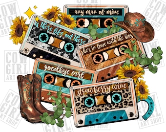 May include: Five vintage cassette tapes with different designs and text. The tapes are stacked on top of each other and surrounded by sunflowers and greenery. The text on the tapes includes "any man of mine", "is there life out there", "she's in love with the boy", "goodbye earl", and "strawberry wine".