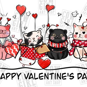 May include: Four cartoon cats with hearts and a gift box. The pink cat is wearing a collar with hearts. The black cat is wearing a red and white striped scarf. The white cat is wearing a red scarf with hearts. The cat with black and white fur is holding a gift box with red polka dots. The text "HAPPY VALENTINE'S DAY" is at the bottom of the image.