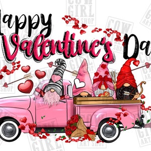 May include: Happy Valentine's Day greeting with three gnomes riding in a pink pickup truck decorated with hearts and flowers.