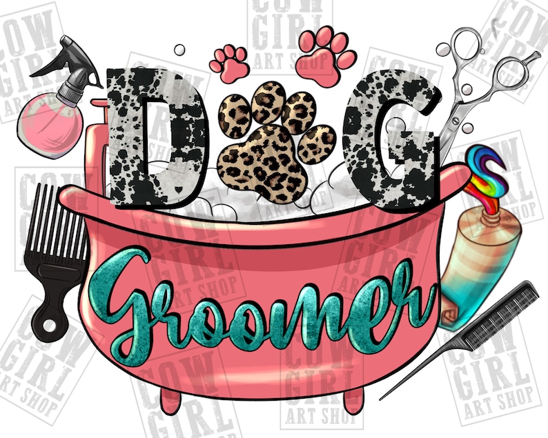 May include: A pink bathtub with the letters "D" and "G" in black and white, a leopard print paw print, and the word "Groomer" in teal. The image includes a variety of dog grooming tools, including a spray bottle, scissors, a comb, and a tube of shampoo.