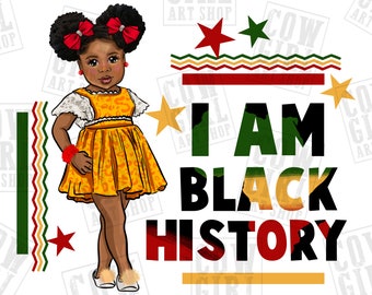 Könnte beinhalten: Eine digitale Illustration eines jungen schwarzen Mädchens, das ein gelbes Kleid mit Leopardenmuster und roten Schleifen im Haar trägt. Der Text "I AM BLACK HISTORY" ist in schwarzen Buchstaben auf einem grün-rot-gelben Hintergrund geschrieben.
