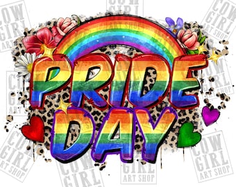 May include: A rainbow-colored graphic with the words "PRIDE DAY" in a bold, graffiti-style font. The graphic is set against a background of leopard print and features a rainbow arch, flowers, and hearts.