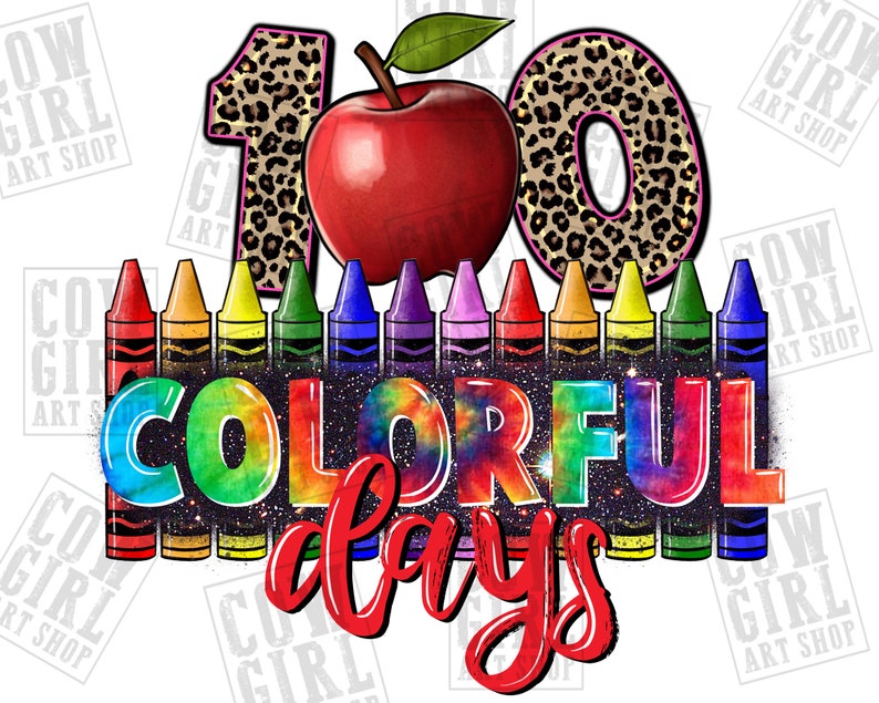 May include: A colorful graphic design featuring the numbers 10 with a red apple and a rainbow of crayons. The text "Colorful days" is written in a whimsical font.