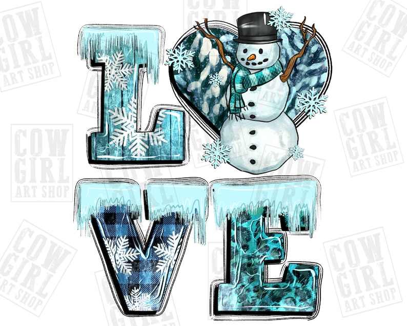 Peut inclure: Graphique d'hiver bleu et blanc avec le mot "LOVE" en grandes lettres. Le "O" est remplac&eacute; par un bonhomme de neige portant un chapeau haut de forme noir et une &eacute;charpe bleue. Les lettres sont d&eacute;cor&eacute;es de flocons de neige et de gla&ccedil;ons.