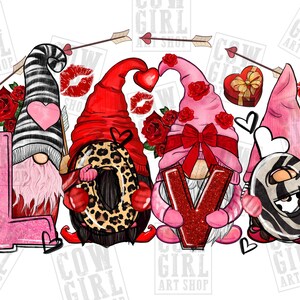 May include: Four gnomes holding the word "LOVE" in pink, red, and white letters. Each gnome is wearing a different hat and holding a heart. The gnomes are surrounded by red roses and arrows.
