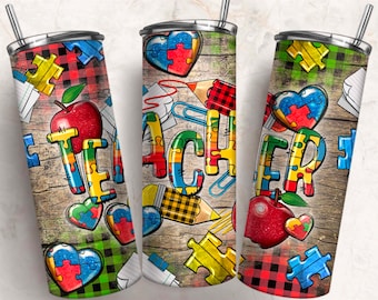 Teacher Autism 20 oz skinny tumbler png, tumbler wrap png, Autism 20 oz tumbler designs, Autism Awareness png, tumbler png download