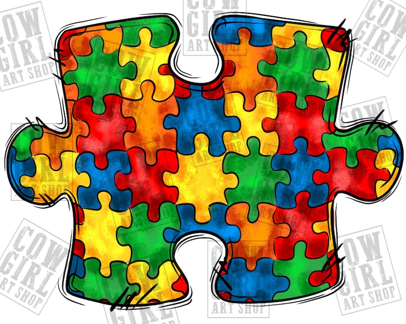 Op de afbeelding: Een kleurrijk puzzelstuk dat is gemaakt van kleinere puzzelstukken in tinten rood, geel, blauw en groen. Het puzzelstuk is zwart omlijnd en heeft een aquareleffect.