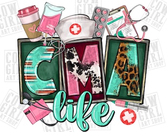 May include: A colorful graphic design with the letters CMA in a block font with a green background and a turquoise and red striped border. The letters are decorated with animal print patterns. The word "life" is written in a turquoise script font below the letters. The design includes medical imagery such as a stethoscope, a syringe, a blood pressure cuff, and a pill bottle.
