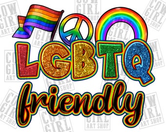 May include: A rainbow-colored peace sign, a rainbow flag, and a rainbow arch with the word "LGBTQ" in glittery letters and the word "friendly" in black letters.
