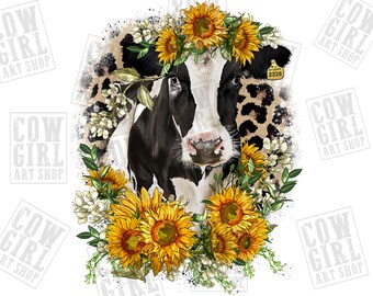Western sunflower cow png sublimation design download, hand drawn cow png, western cow png, cow png, sublimate designs download