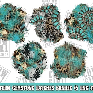 Peut inclure: Cinq motifs graphiques numériques représentant des motifs de pierres précieuses turquoise et brun avec un aspect vieilli et délabré. Les motifs sont en forme de cercles et ont un effet aquarelle. Le texte "WESTERN GEMSTONE PATCHES BUNDLE (5 PNG FILES)" est en bas de l'image.