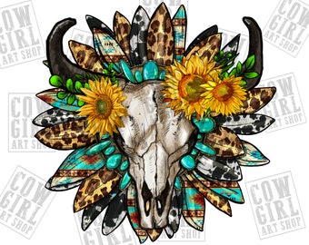 Bull skull with sunflowers png sublimation design download, western bull skull png, bull skull png, sublimate designs download