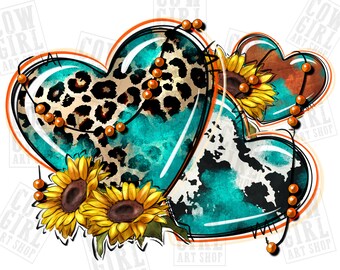 Puede incluir: Dos corazones turquesa con estampado de leopardo, estampado de vaca y diseño de girasol. Los corazones están decorados con una cadena de cuentas naranjas.