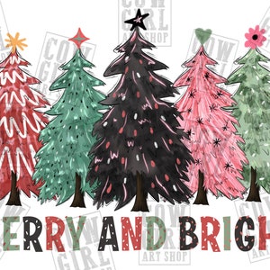 Merry and bright png sublimation design download, Merry Christmas png, Holiday png, pink Christmas tree png, sublimate designs download