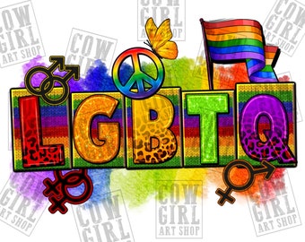 May include: LGBTQ+ pride graphic with a rainbow knit background, peace sign, butterfly, and gender symbols. The letters are glittery and have a leopard print pattern.