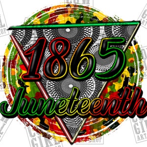 May include: A graphic design featuring the year 1865 and the word "Juneteenth" in a stylized font. The design is set against a background of a camouflage pattern in shades of green, red, yellow, and black.