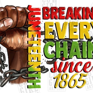 May include: A raised fist breaks free from chains, with the words "Juneteenth" in green, yellow, and red, and "Breaking Every Chain Since 1865" in red, yellow, and green.