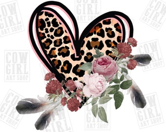 May include: A pink and black heart with a leopard print pattern surrounded by a bouquet of pink and burgundy flowers with green leaves and gray feathers.