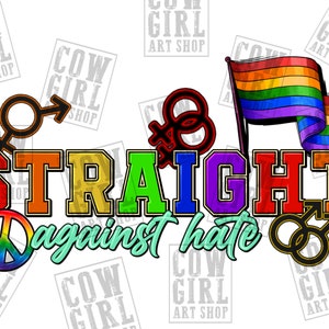 May include: A colourful graphic design with the text "STRAIGHT against hate" in rainbow colours. The design includes peace signs, gender symbols, and a rainbow flag.