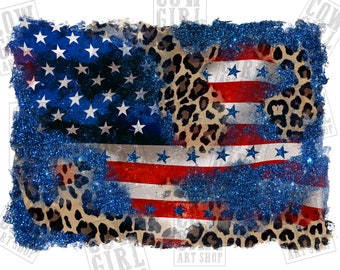 Leopard glitter American flag png sublimation design download, USA Flag png, 4th of July png, western USA png, sublimate designs download