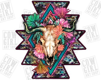 Aztec cow skull png sublimation design download, western background png, cow skull png, floral cow skull png, sublimate designs download