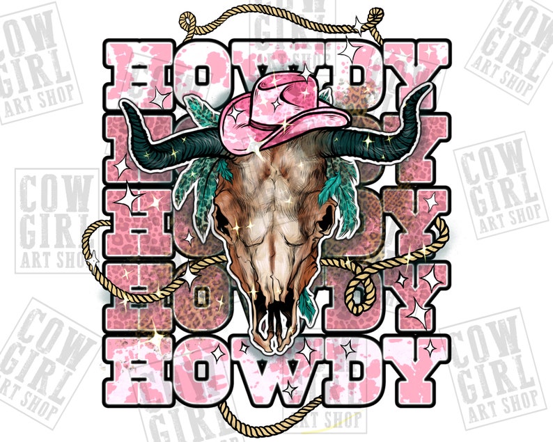 Op de afbeelding: Roze en gouden grafisch ontwerp met het woord "Howdy" dat meerdere keren wordt herhaald. Een koeien schedel met een roze cowboyhoed bevindt zich in het midden van het ontwerp.