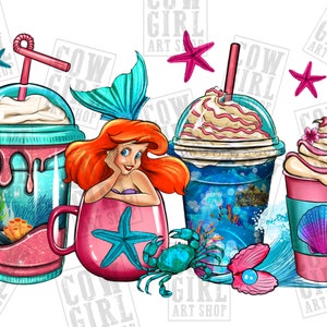 Puede incluir: Ilustración digital de bebidas con temática de sirenas y una sirena. Las bebidas están en vasos transparentes con crema batida y pajitas. La sirena está en una taza rosa con una estrella de mar. También se incluyen criaturas marinas y estrellas de mar.