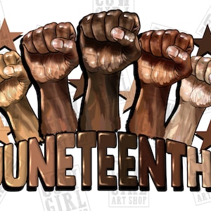 Puede incluir: Cinco puños levantados en varios tonos de marrón, con la palabra "Juneteenth" en letras grandes y estilizadas debajo. El fondo presenta cinco estrellas marrones.