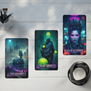 CyberPunk Tarot Deck, Full Tarot Deck, Cyberpunk gift, Major arcana, minor arcana, 78 Tarot Cards, vibrant deck, cyberpunk cards image 1