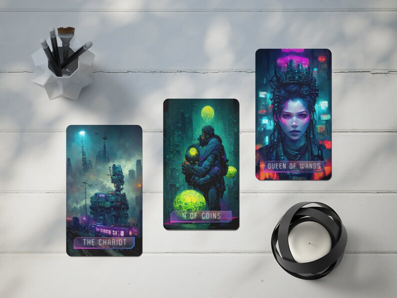 CyberPunk Tarot Deck, Full Tarot Deck, Cyberpunk gift, Major arcana, minor arcana, 78 Tarot Cards, vibrant deck, cyberpunk cards image 1