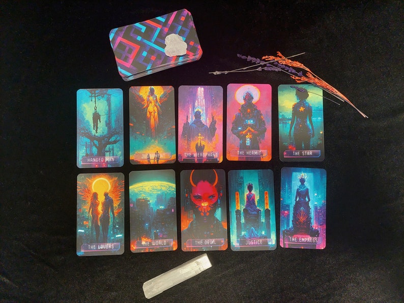 CyberPunk Tarot Deck, Full Tarot Deck, Cyberpunk gift, Major arcana, minor arcana, 78 Tarot Cards, vibrant deck, cyberpunk cards image 3