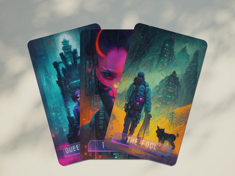 CyberPunk Tarot Deck, Full Tarot Deck, Cyberpunk gift, Major arcana, minor arcana, 78 Tarot Cards, vibrant deck, cyberpunk cards image 7