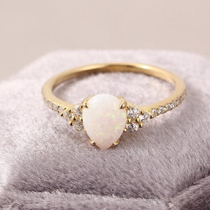 Pear Shaped Opal Engagement Ring,Gold Opal Diamonds Ring, 18K Yellow Gold Natural Opal ,women Bridal Promise gift