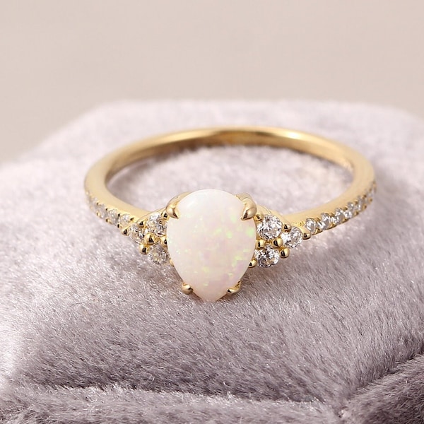 Pear Shaped Opal Engagement Ring,Gold Opal Diamonds Ring, 18K Yellow Gold Natural Opal ,women Bridal Promise gift