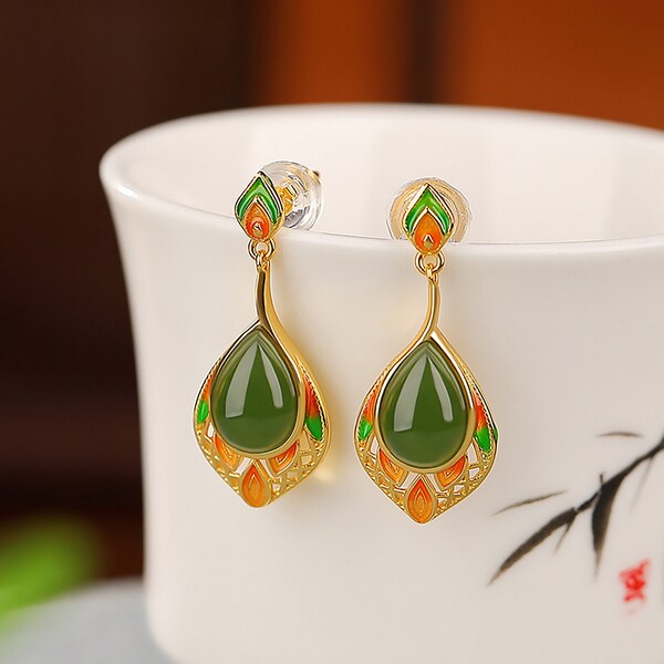 18K Gold Plated Jade Earrings, Burmese Jade Earrings,Jade Dangle Earrings,Green Jade Earring