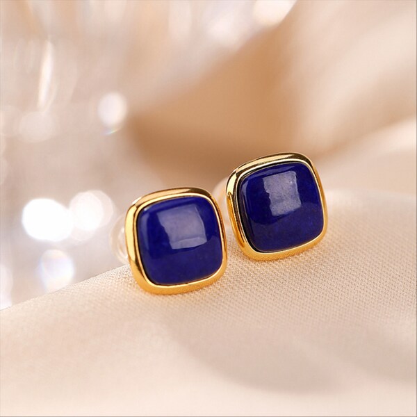 Square Lapis Lazuli Stud Earrings - Sterling Silver - 18K Gold Studs - Jewelry Manufacturer - Gift For Her - Jewelry For Healing