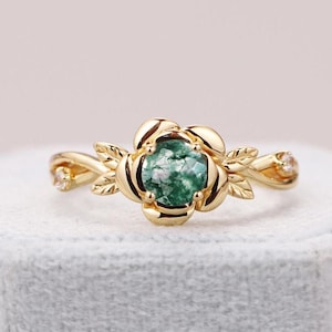 Rose Flower Moss Agate Engagement Ring: Gold Branch Bridal Jewelry