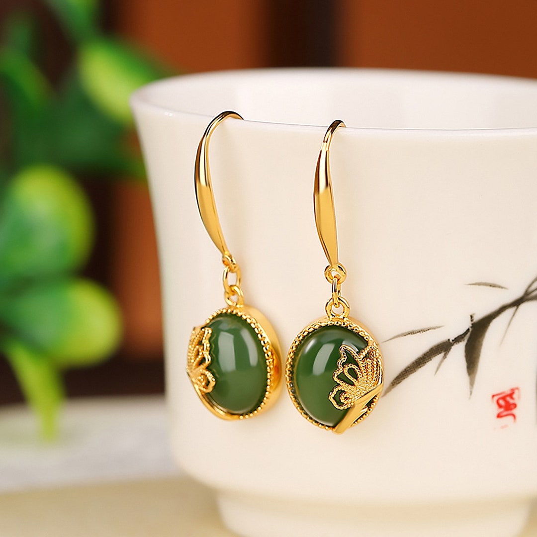 Genuine Jade Drop Earrings 18K Gold, Natural Jade Round Hook Earrings, Delicate Jade Earrings