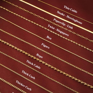 May include: A close-up of 14 different gold chain styles, including thin cable, snake, paperclip, twist, box, figaro, rope, thick cable, thick curb, thicker curb, rolo, and thin curb.