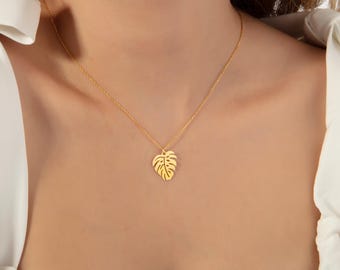 14k Gold Monstera Leaf Necklace, Dainty Nature Necklace, Monstera Deliciosa Leaf Pendant, Dainty Tropical Leaf Charm, Christmas Gift for Her
