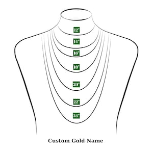 May include: A line drawing of a person's neck with different necklace lengths marked in inches, from 12 inches to 24 inches. The text "Custom Gold Name" is below the drawing.