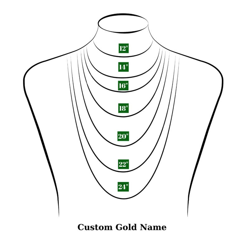 May include: A line drawing of a person's neck with different necklace lengths marked in inches, from 12 inches to 24 inches. The text "Custom Gold Name" is below the drawing.