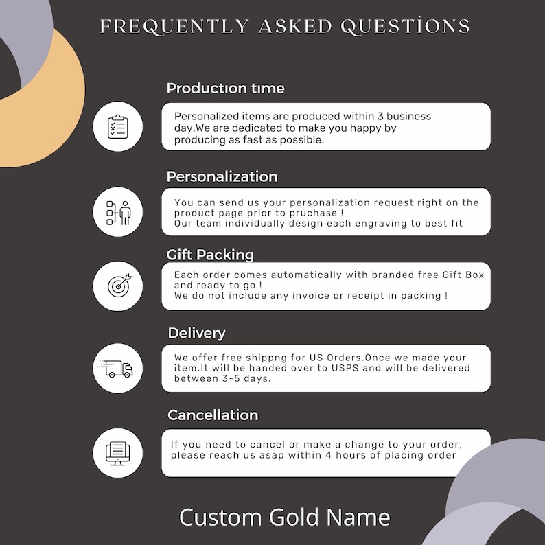 May include: A black and white graphic with the text "Frequently Asked Questions" at the top. The graphic lists five questions and answers about production time, personalization, gift packing, delivery, and cancellation. The graphic also includes a small icon next to each question.